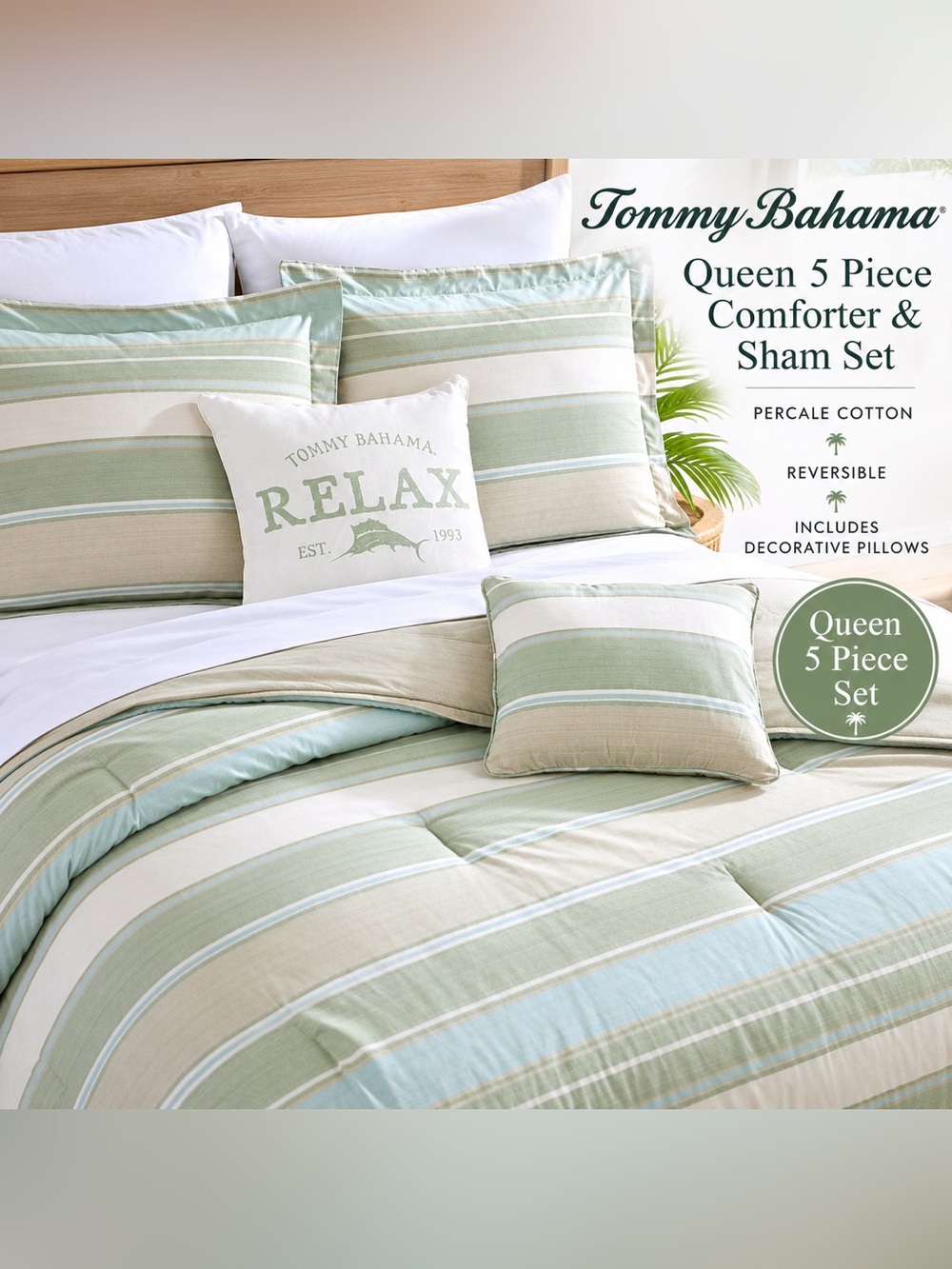 Tommy Bahama Serenity Queen 5PC Comforter Sham Set Green Reversible NWT